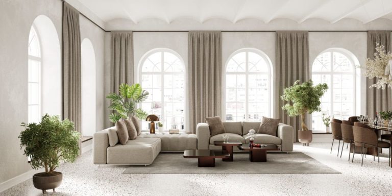 Large living room interior with drapes